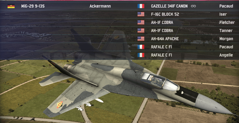 Figure 12. East-German MiG-29 taking out quality 2x Rafale C1 and rival F-16C and AH-64A Apache